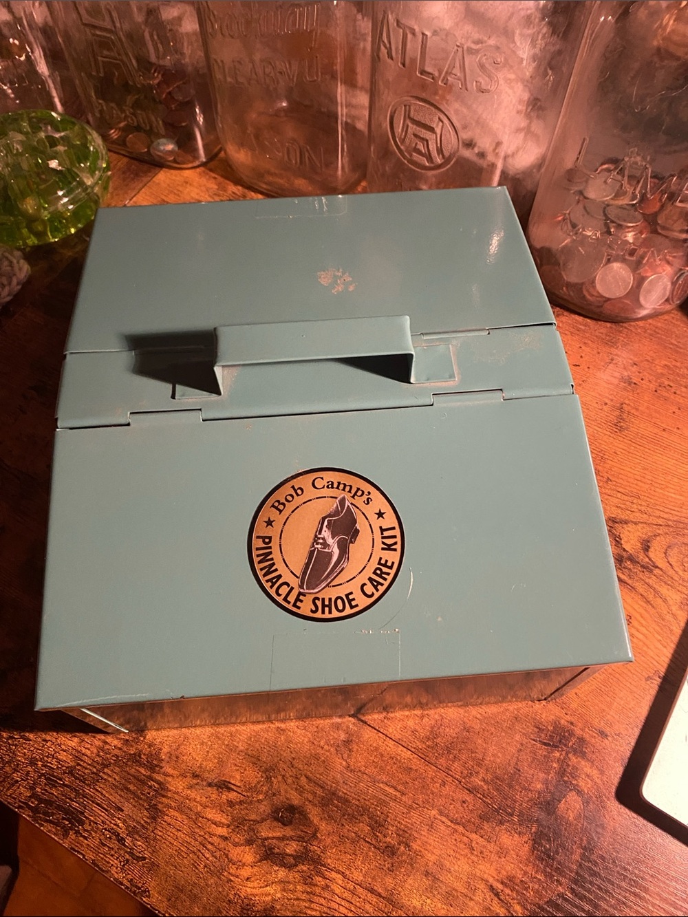 Bob camps pinnacle shoe care kit Teal Metal Storage Box with eRound Logo Sticker